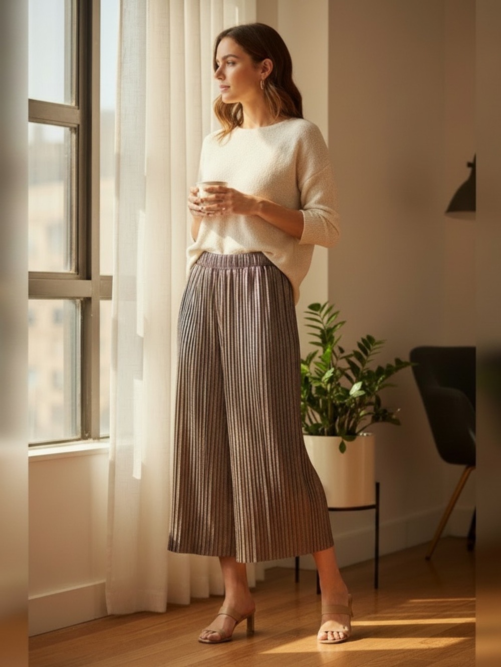 Zara Metallic Gold Wide-Leg Pants - Picture 1 of 3